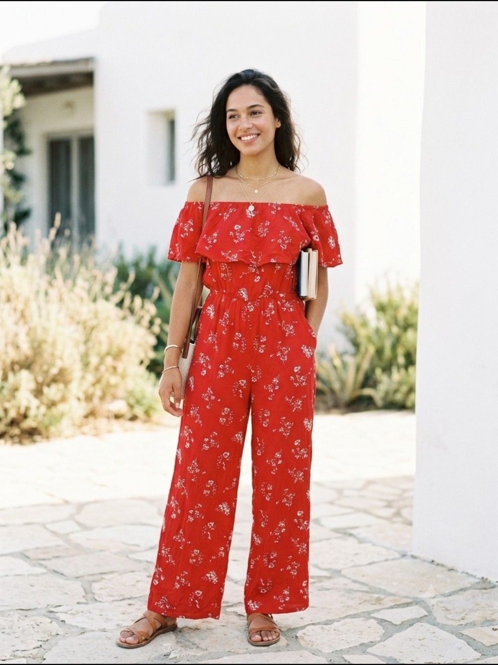 Hollister Women's Off-Shoulder Red Ditsy Floral Wide Leg Jumpsuit Fairy